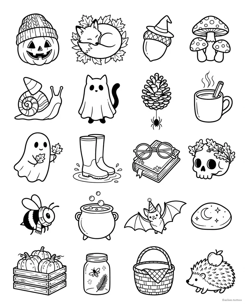 Autumn leaves tattoo flash sheet: 20 designs in black and white