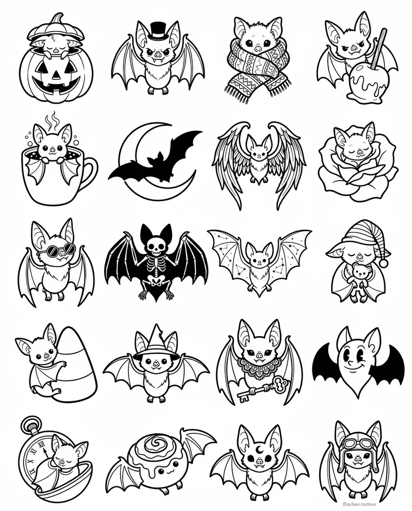 Bats tattoo flash sheet: 20 designs in black and white