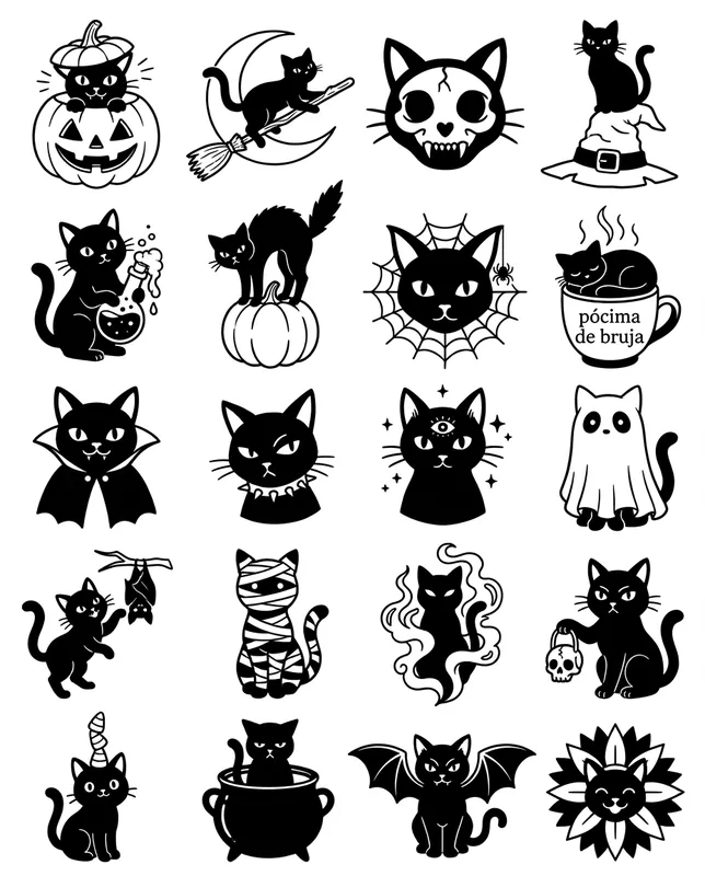 Black cats 2 tattoo flash sheet with its words in Spanish: 20 designs in black and white