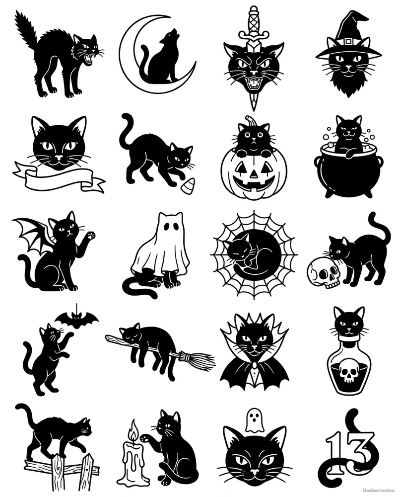 Black cats, American traditional tattoo flash sheet: 20 designs in black and white
