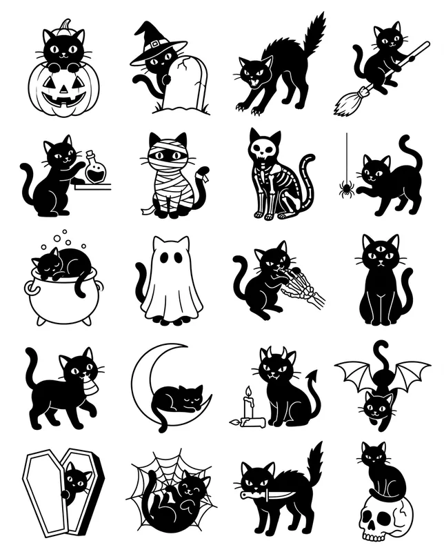 Black cats tattoo flash sheet: 20 designs in black and white