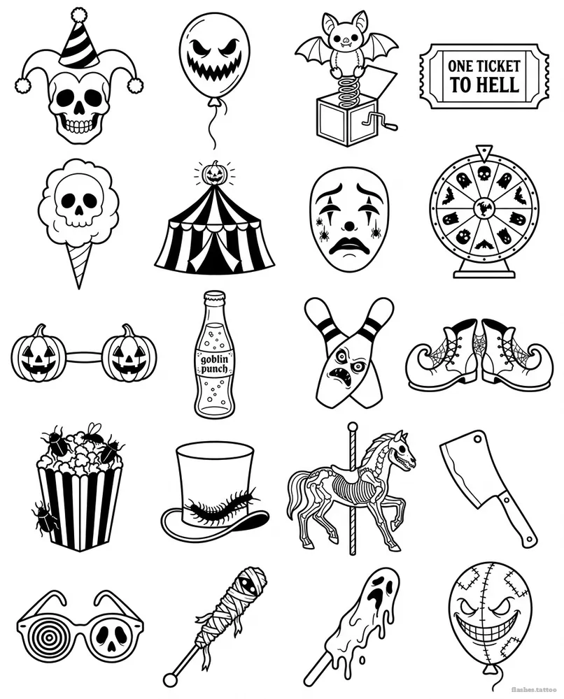 Clowns and circus tattoo flash sheet: 20 designs in black and white