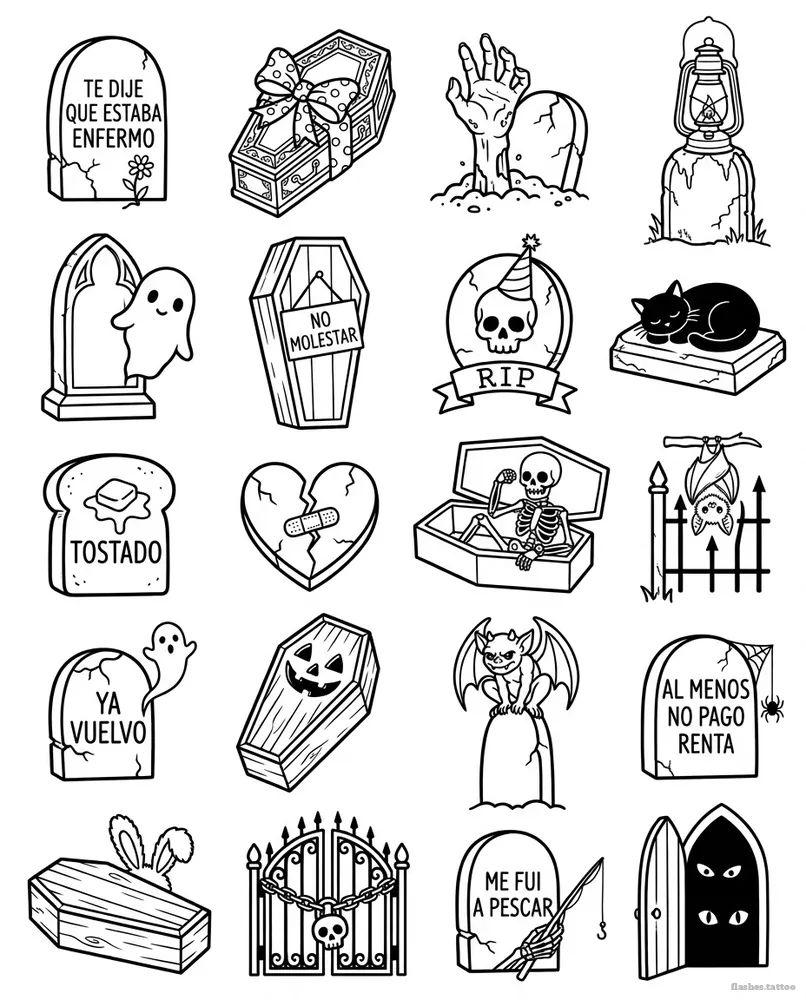 Coffins and graves flash sheet with its words in Spanish: 20 designs in black and white