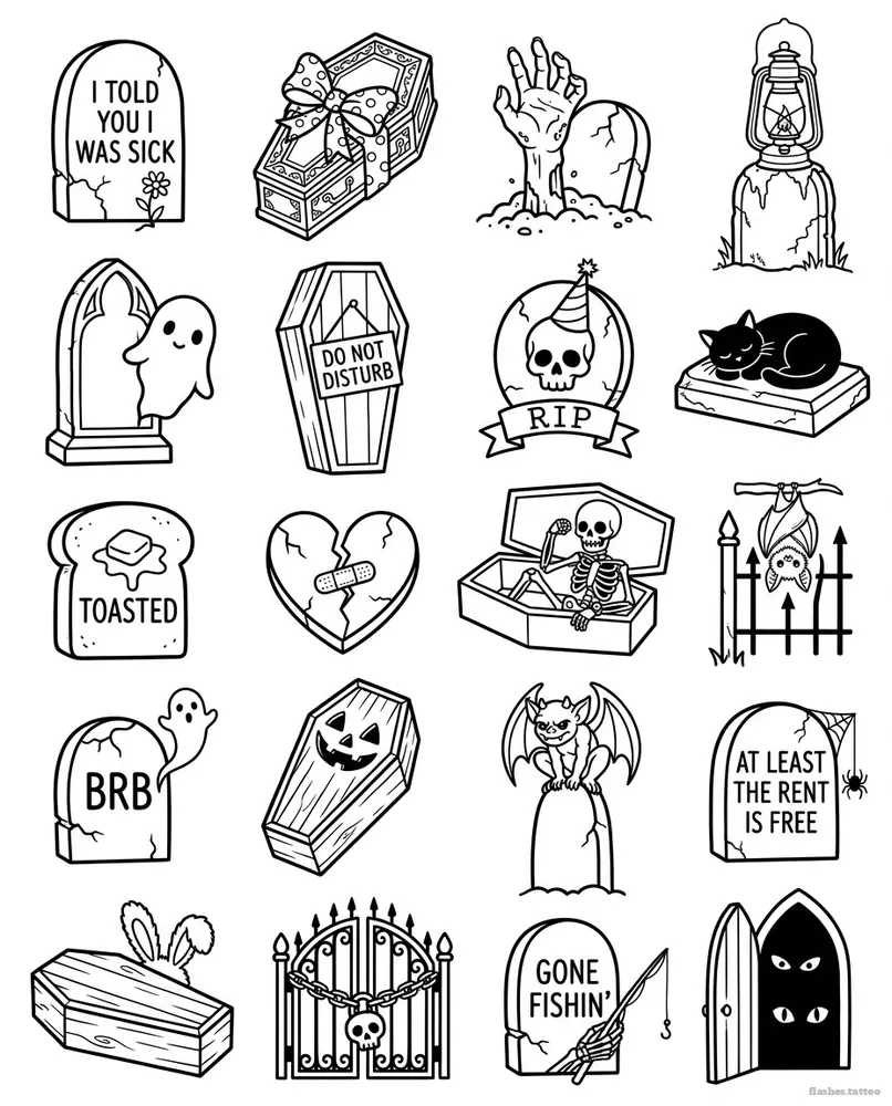 Coffins and graves tattoo flash sheet: 20 designs in black and white