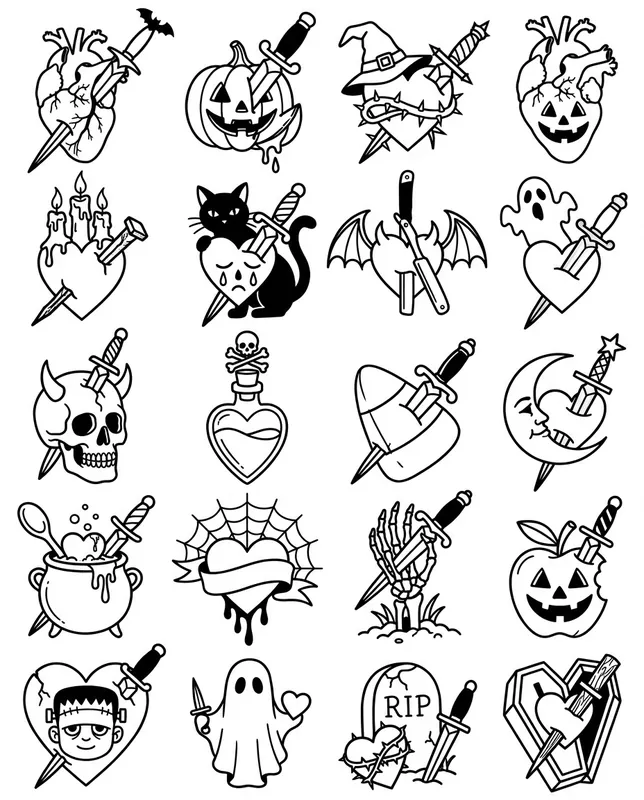 Daggers and hearts, American traditional tattoo flash sheet: 20 designs in black and white