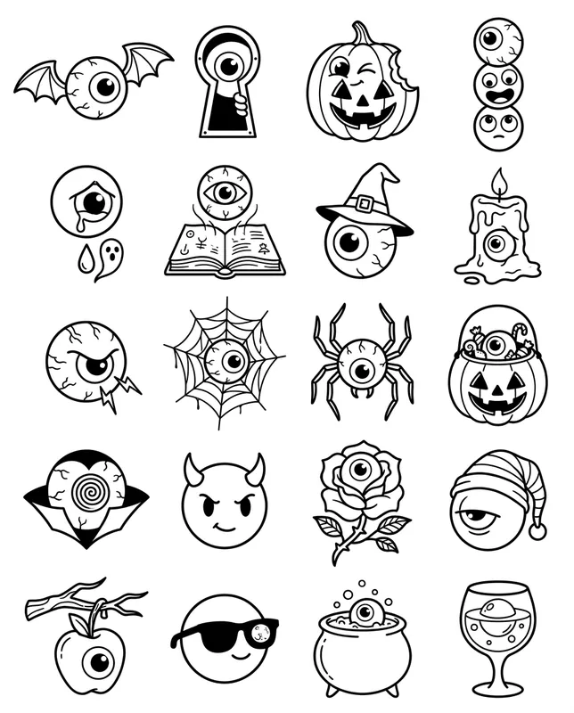 Eyeballs tattoo flash sheet: 20 designs in black and white