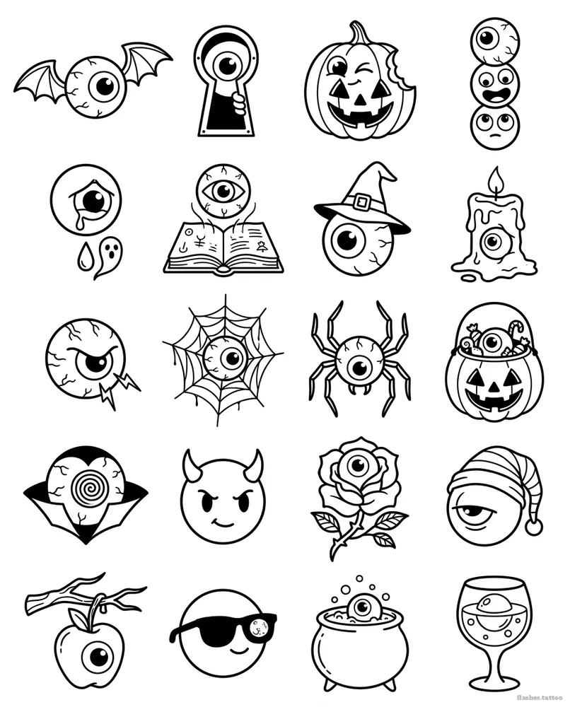 Eyeballs tattoo flash sheet: 20 designs in black and white