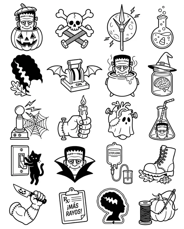 Frankenstein tattoo flash sheet with its words in Spanish: 20 designs in black and white
