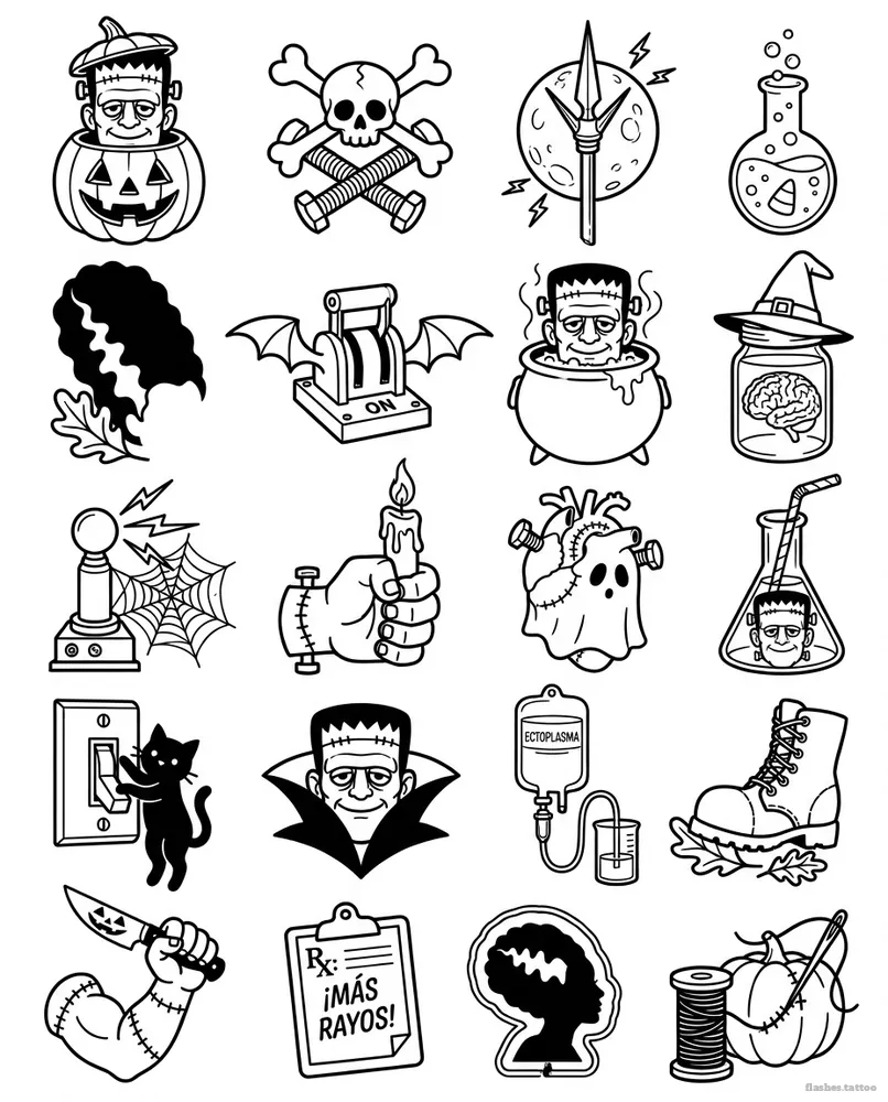 Frankenstein tattoo flash sheet with its words in Spanish: 20 designs in black and white