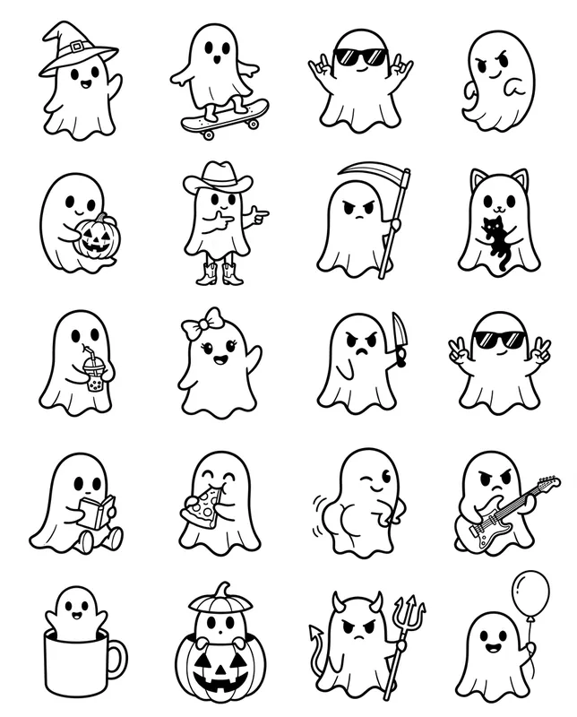 Ghosts tattoo flash sheet: 20 designs in black and white