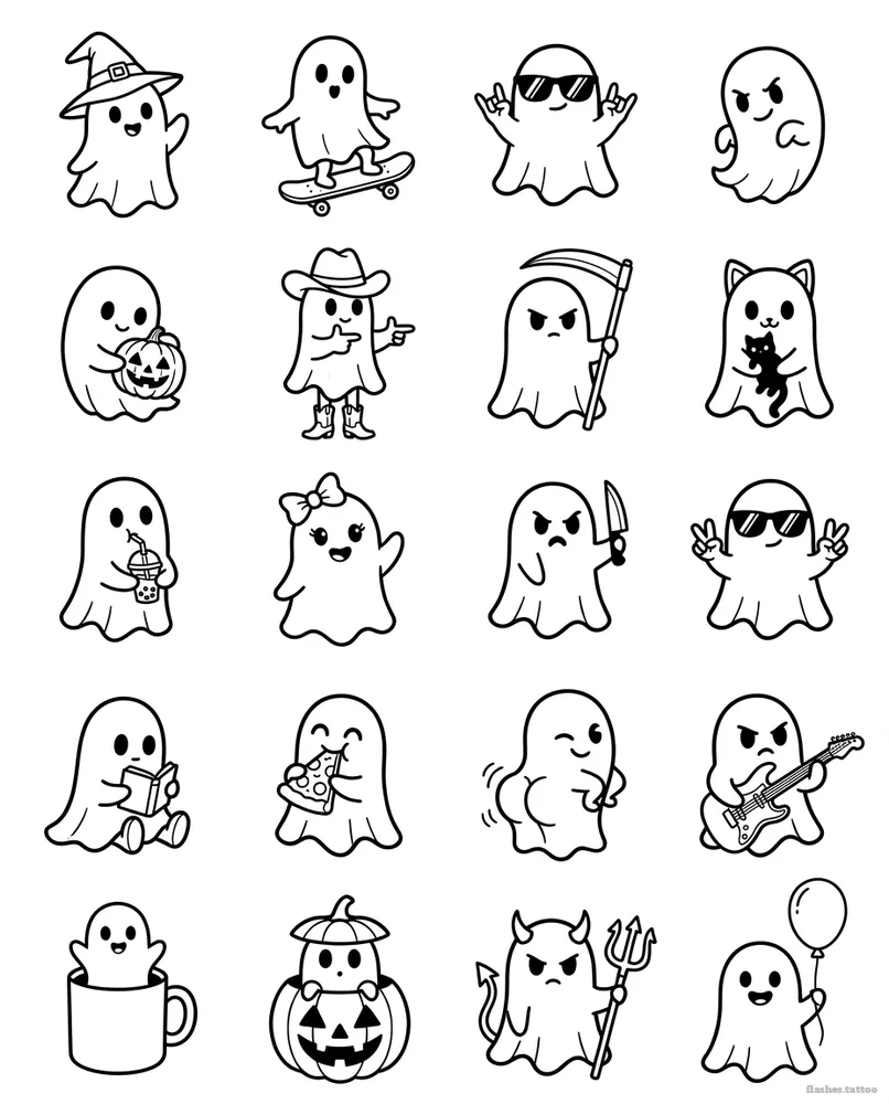 Ghosts tattoo flash sheet: 20 designs in black and white