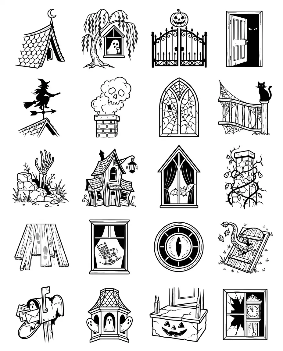 Haunted house flash sheet: 20 designs in black and white
