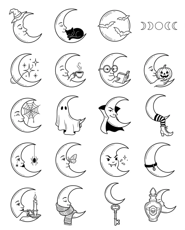 Moons and stars tattoo flash sheet: 20 designs in black and white