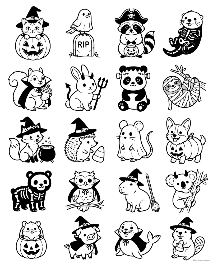 More spooky pets tattoo flash sheet: 20 designs in black and white
