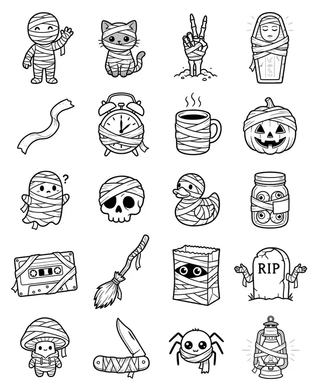 Mummies tattoo flash sheet: 20 designs in black and white