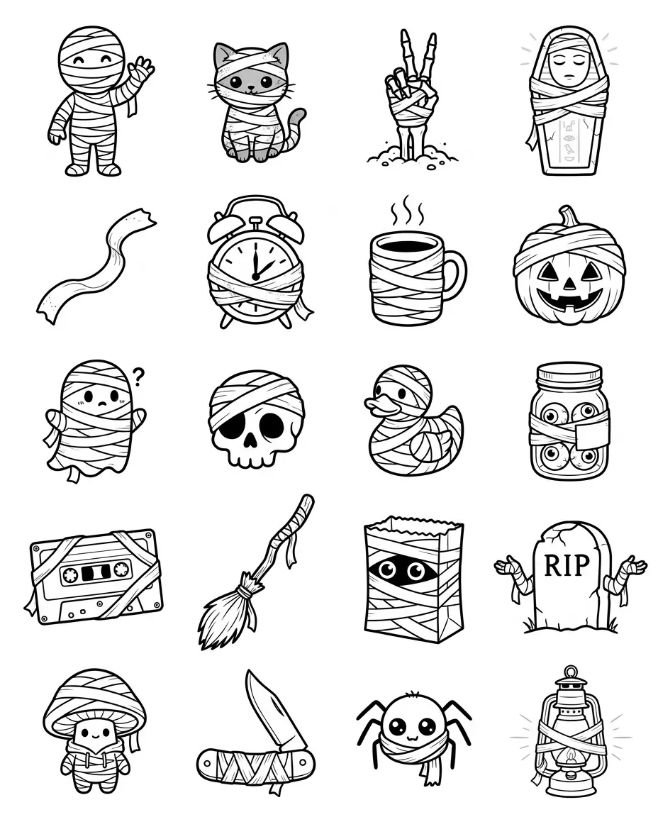 Mummies flash sheet: 20 designs in black and white