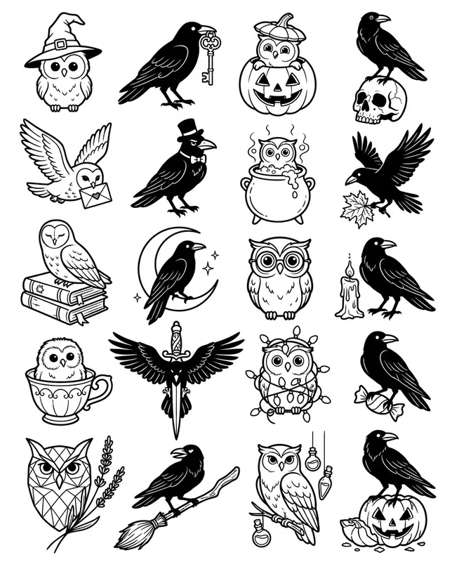 Owls and ravens tattoo flash sheet: 20 designs in black and white