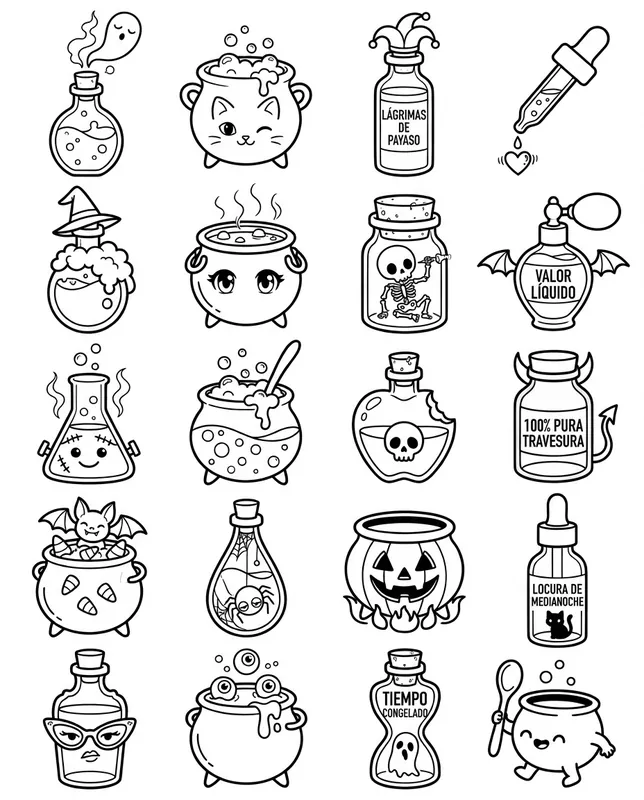 Potions tattoo flash sheet with its words in Spanish: 20 designs in black and white