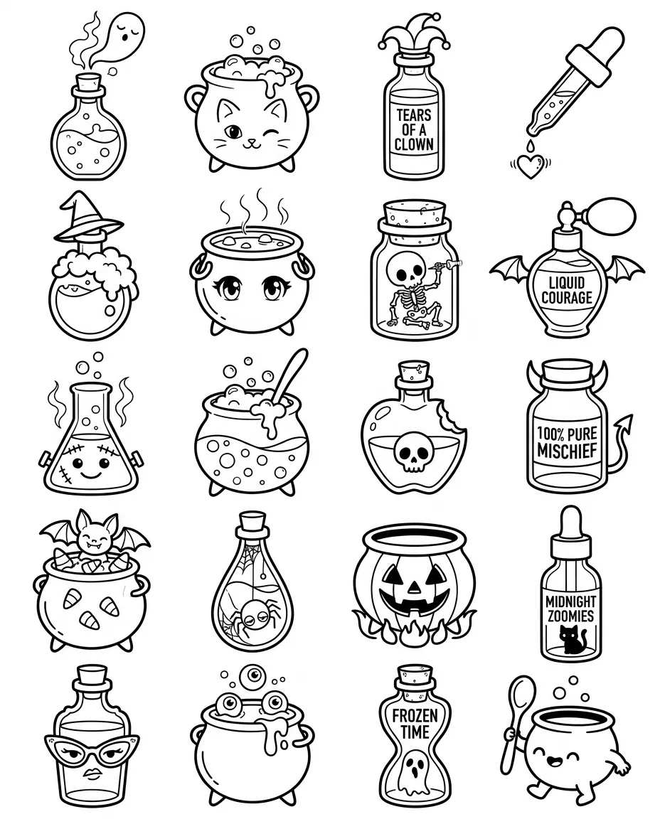 Potions flash sheet: 20 designs in black and white