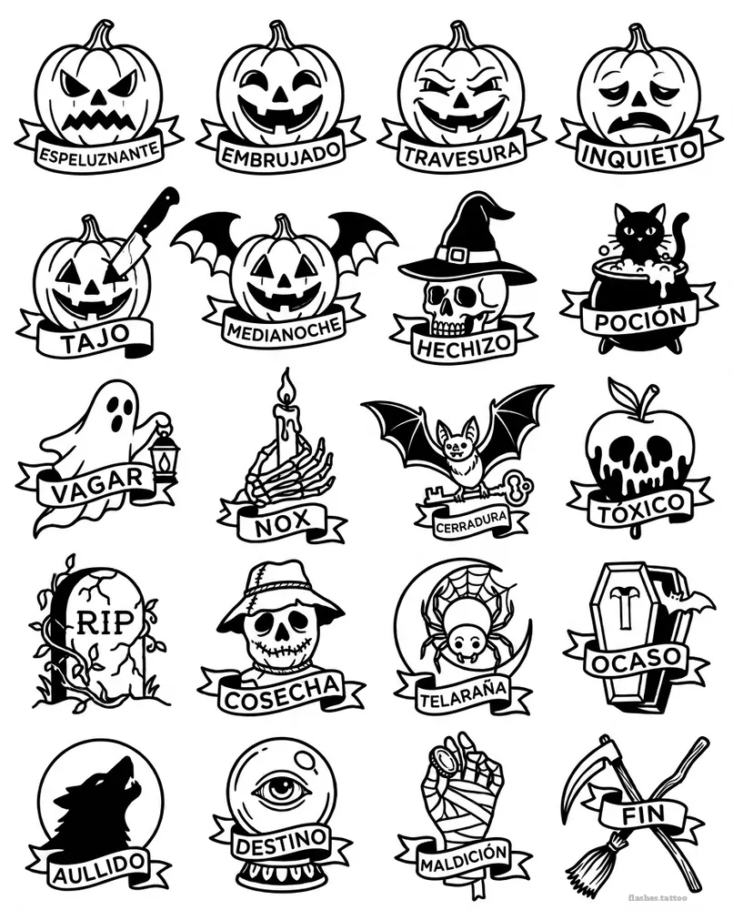 Halloween, American traditional flash sheet with its words in Spanish: 20 designs in black and white