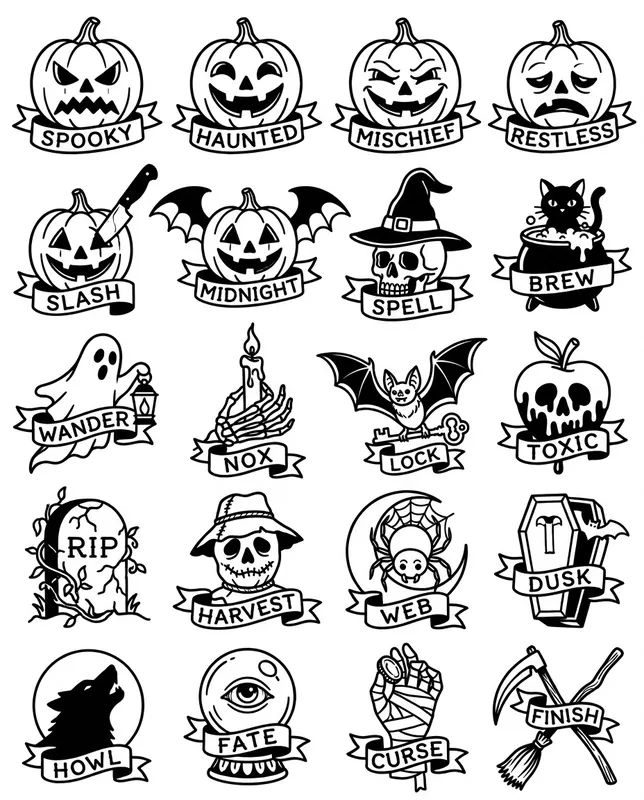 Halloween, American traditional tattoo flash sheet: 20 designs in black and white