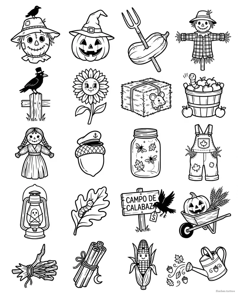 Scarecrows flash sheet with its words in Spanish: 20 designs in black and white