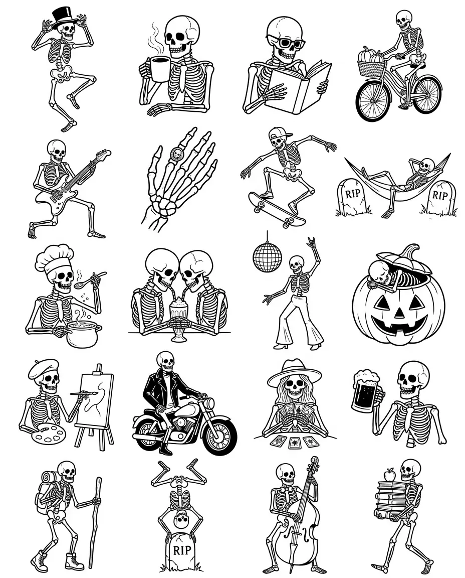 Skeletons flash sheet: 20 designs in black and white