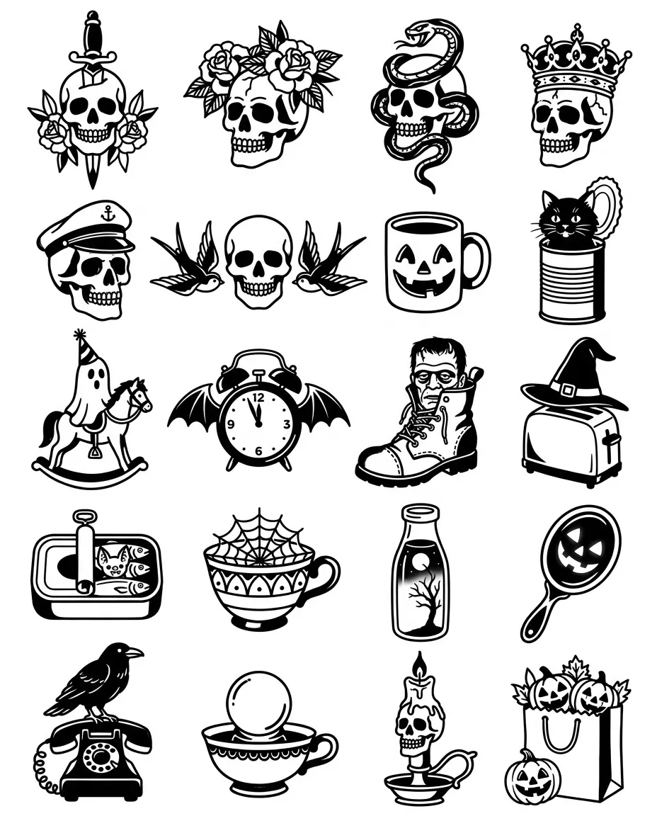 Skulls, American traditional flash sheet: 20 designs in black and white