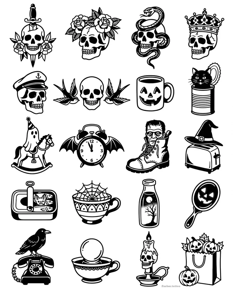 Skulls, American traditional tattoo flash sheet: 20 designs in black and white