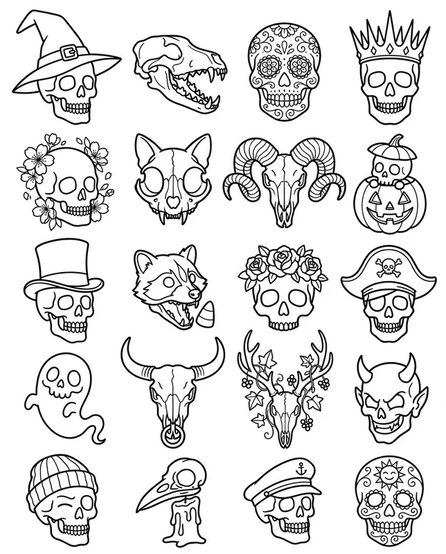 Skulls tattoo flash sheet: 20 designs in black and white