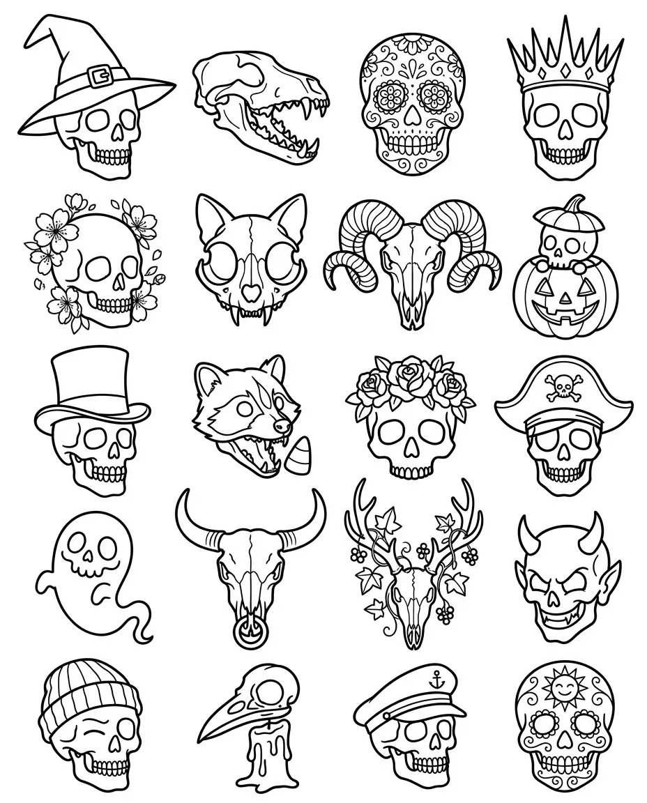 Skulls flash sheet: 20 designs in black and white