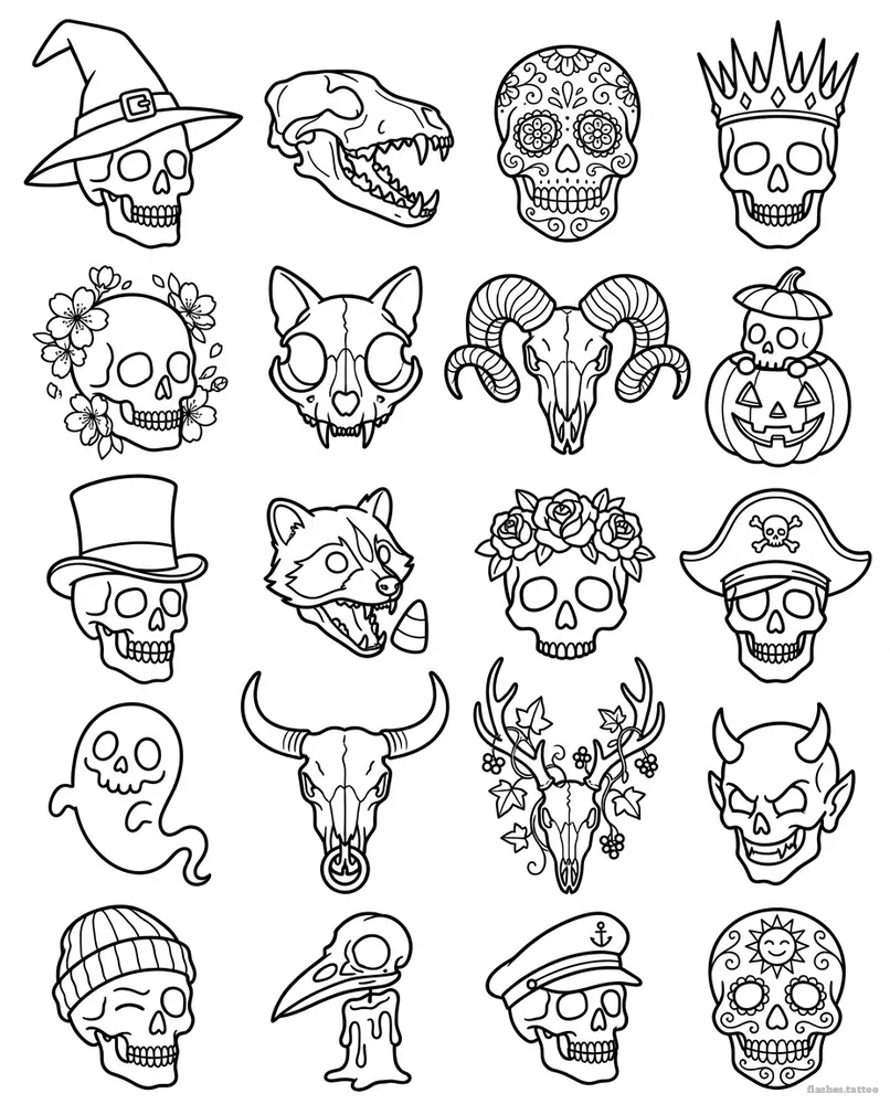Skulls tattoo flash sheet: 20 designs in black and white