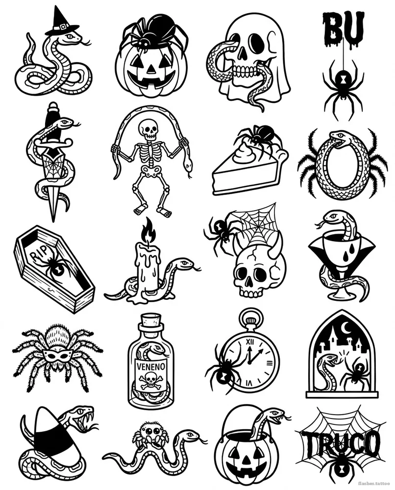 Snakes and spiders, American traditional flash sheet with its words in Spanish: 20 designs in black and white