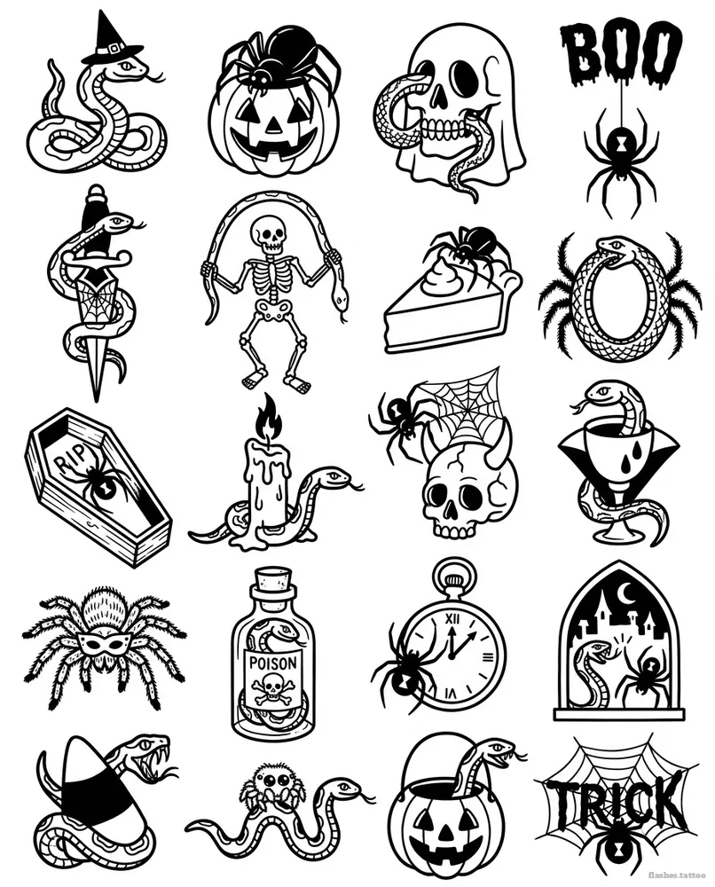 Snakes and spiders, American traditional tattoo flash sheet: 20 designs in black and white