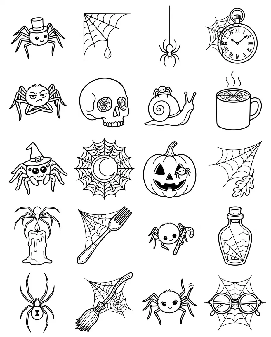 Spiders and webs flash sheet: 20 designs in black and white