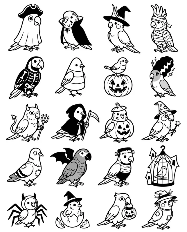Spooky birds tattoo flash sheet: 20 designs in black and white