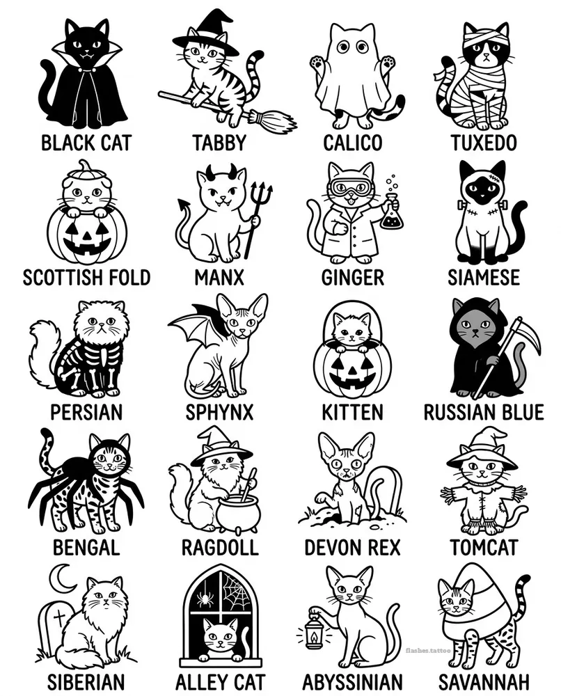 Spooky cats tattoo flash sheet: 20 designs in black and white