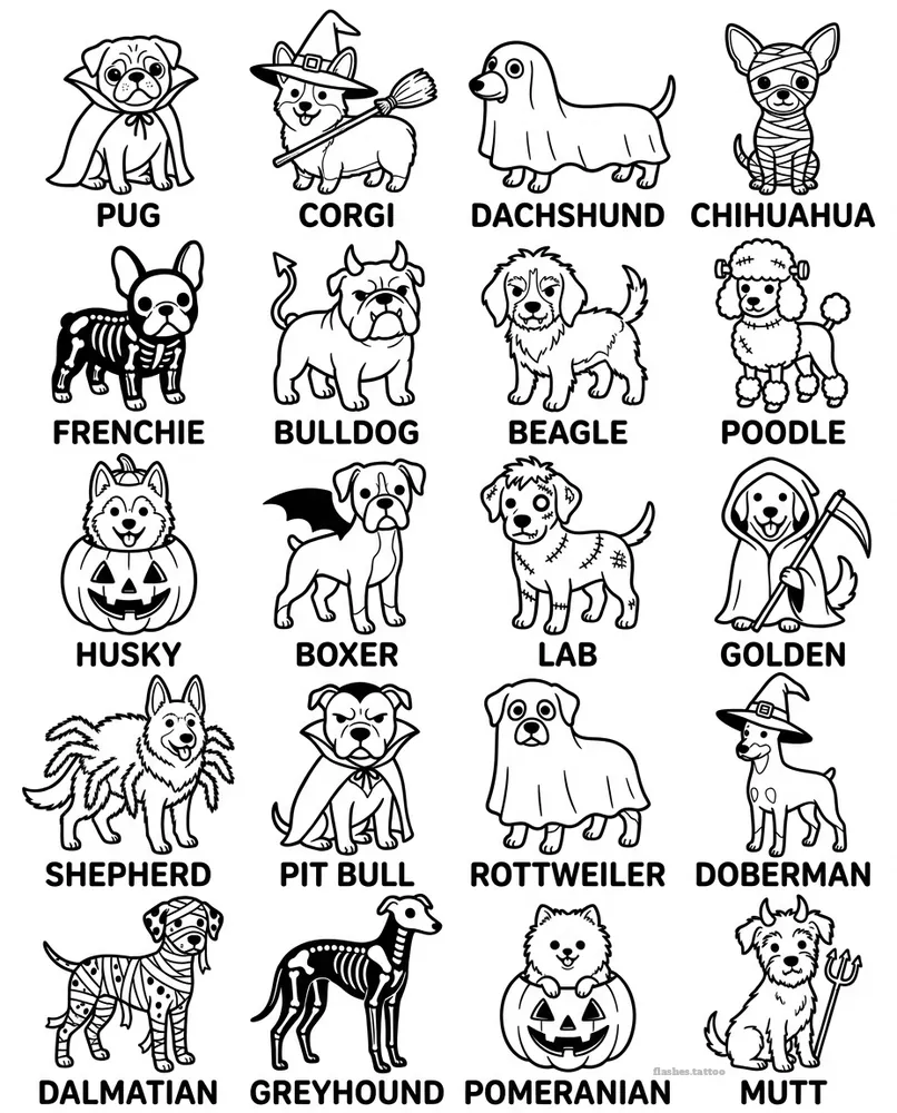 Spooky dogs tattoo flash sheet: 20 designs in black and white