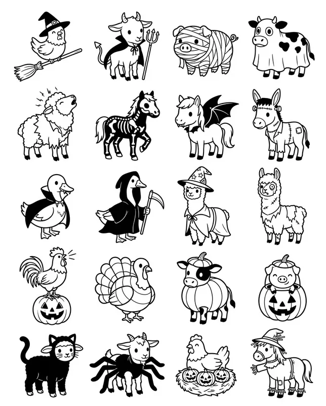 Spooky farm pets tattoo flash sheet: 20 designs in black and white