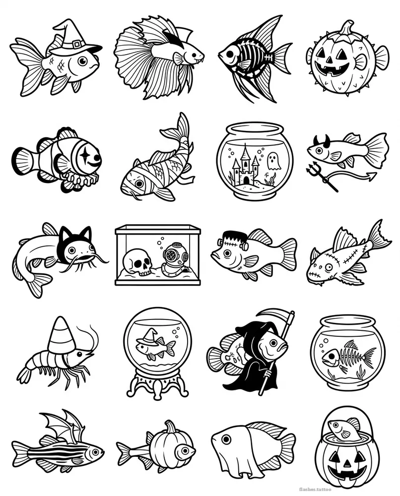 Spooky fish tattoo flash sheet: 20 designs in black and white