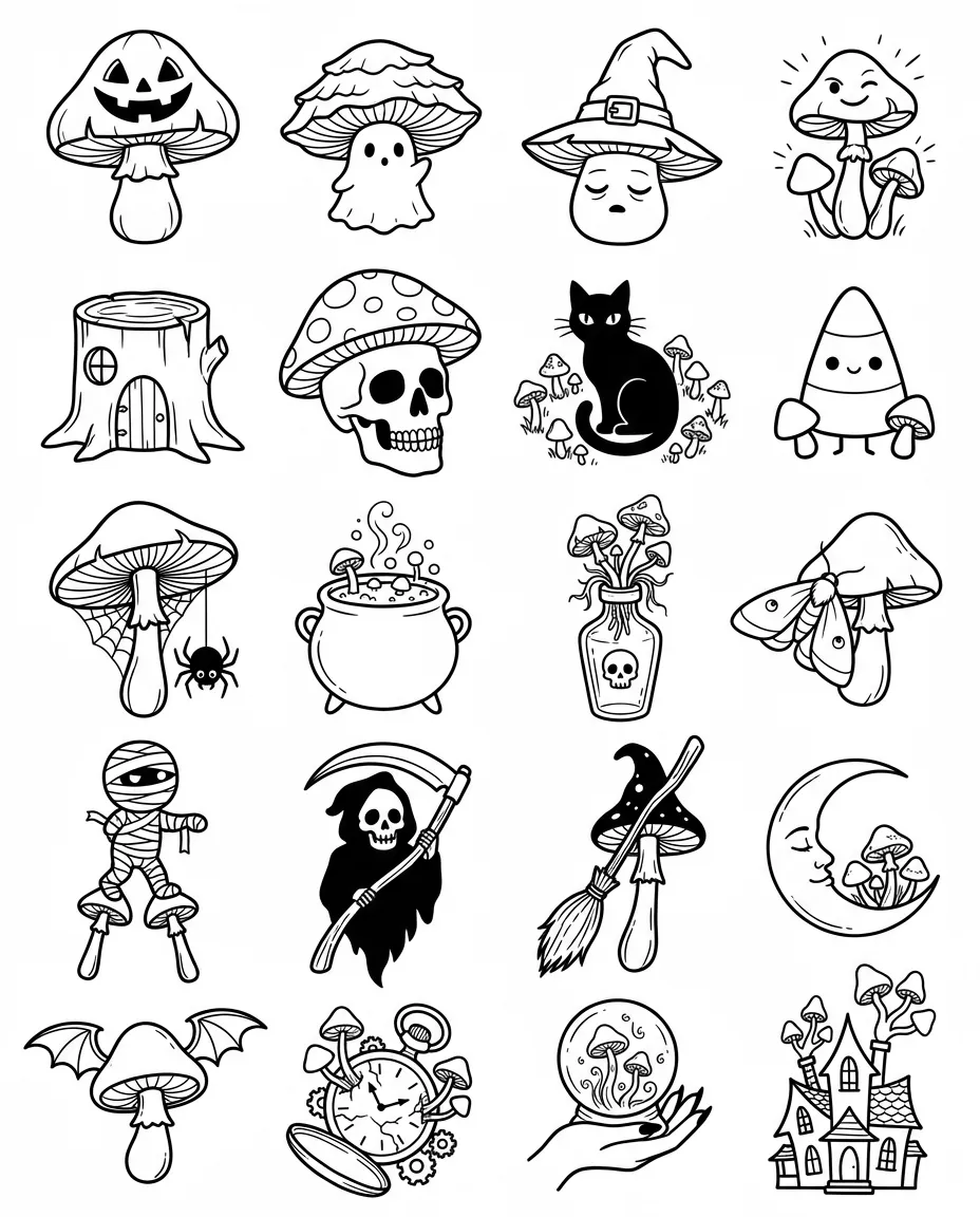 Spooky mushrooms flash sheet: 20 designs in black and white