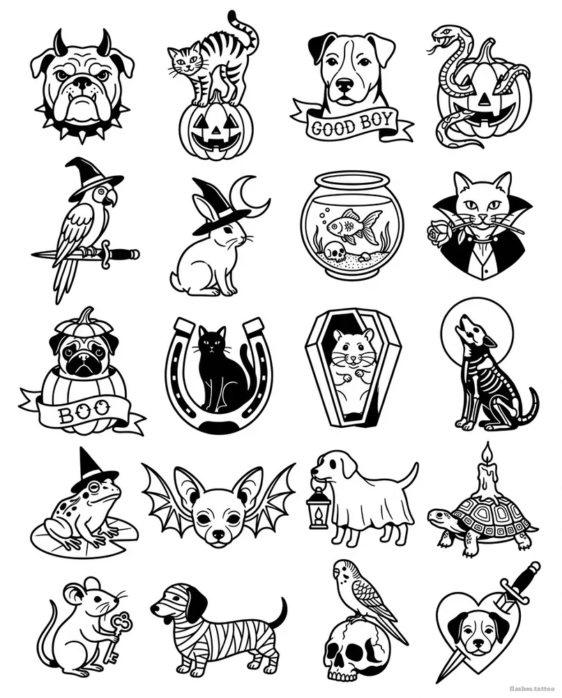 Spooky pets, American traditional tattoo flash sheet: 20 designs in black and white