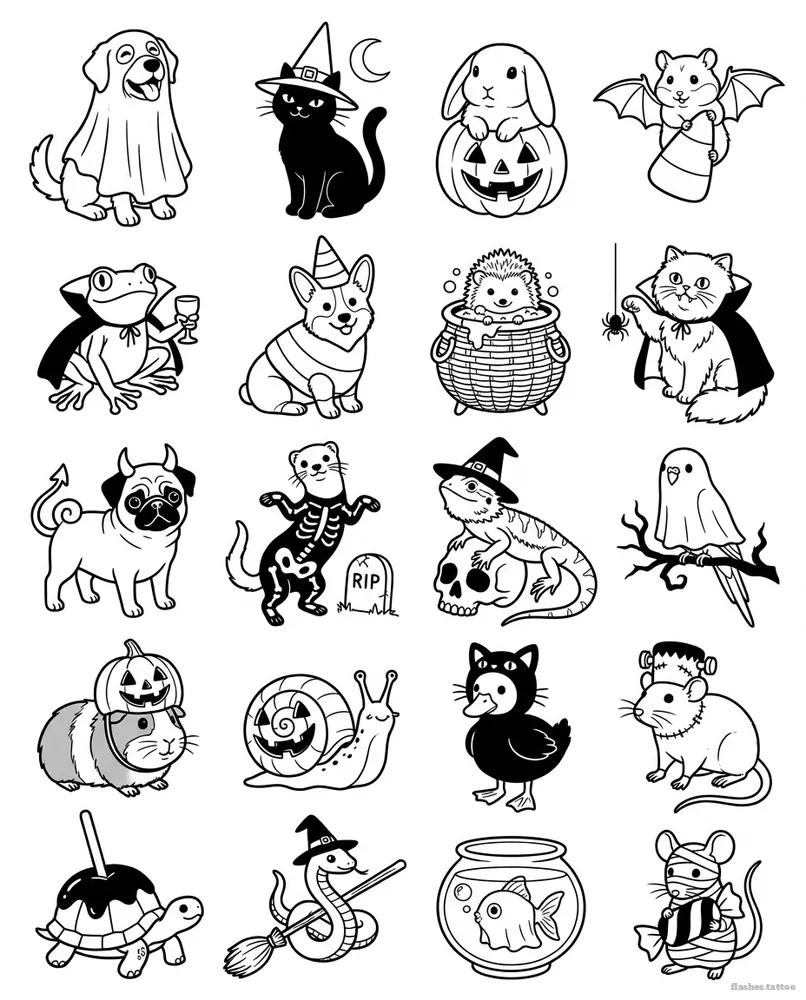 Spooky pets tattoo flash sheet: 20 designs in black and white
