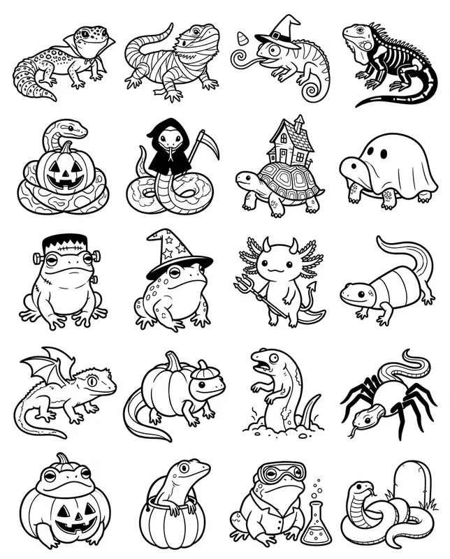 Spooky reptiles tattoo flash sheet: 20 designs in black and white