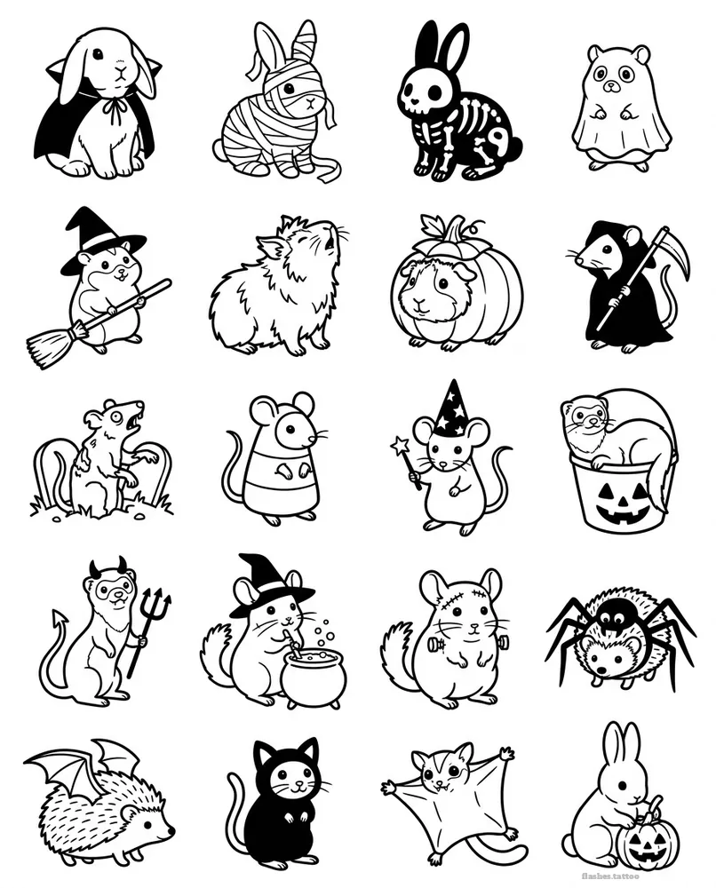 Spooky small pets tattoo flash sheet: 20 designs in black and white