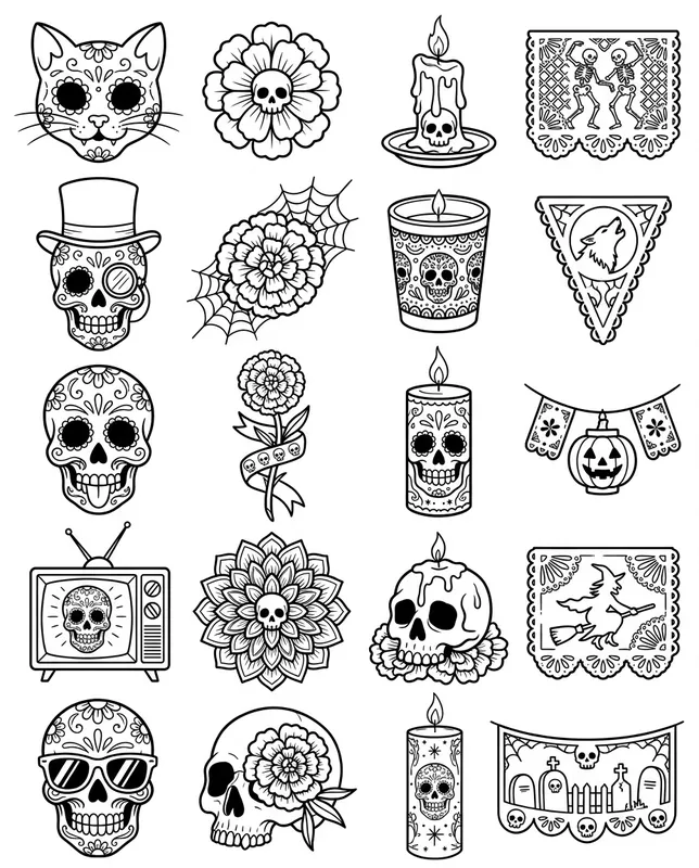 Sugar skulls tattoo flash sheet: 20 designs in black and white