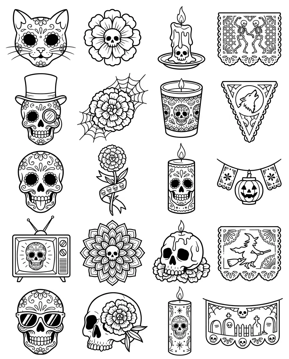 Sugar skulls flash sheet: 20 designs in black and white