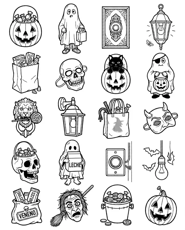 Trick or treat tattoo flash sheet with its words in Spanish: 20 designs in black and white