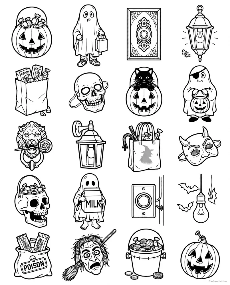 Trick or treat tattoo flash sheet: 20 designs in black and white