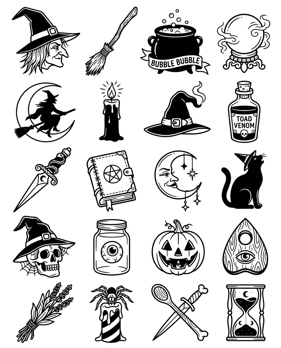 Witches, American traditional flash sheet: 20 designs in black and white